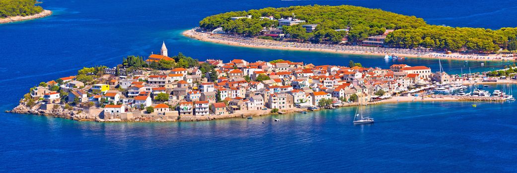 Adriatic tourist destination of Primosten aerial panoramic archipelago view, Dalmatia, Croatia