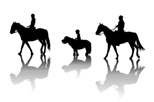 Family silhouettes riding horses and pony