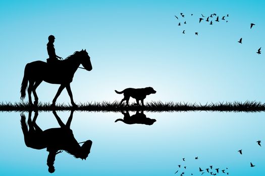 Woman riding a horse and dog silhouettes