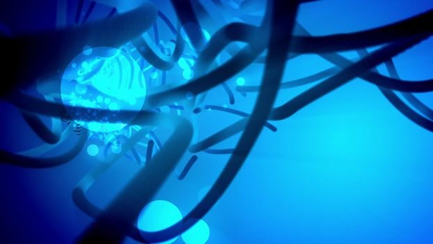 Extraterrestrial looking 3d illustration of some sphere looking creatures moving among dark blue curvy tubes in the blue-violet background which impress with some enigmatic feeling. 
