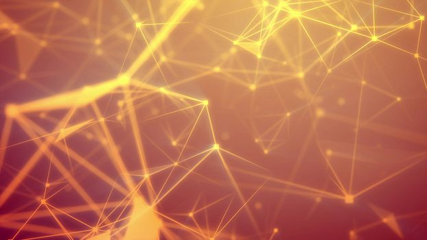 Striking 3d rendering of the dark orange cyberspace transfixed with light yellow tunnels and connecting with each other in some shimmering spots and sparkling multi-sided surfaces 