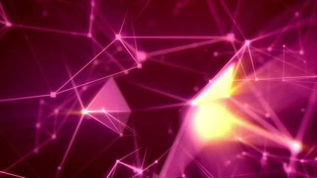 Dazzling 3d rendering of an ultramodern Internet cyber space flight through light pink network with radiant spots, triangular structures, blurred crystals, and a grid in the purple background