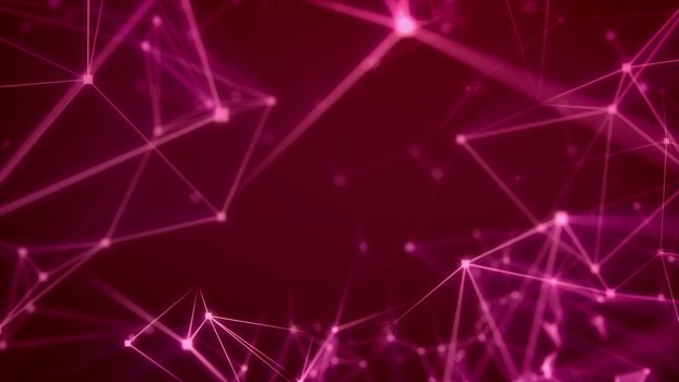 Enigmatic 3d illustration of a hi-tech Internet based system with a lot of glowing and blurred light rosy and pink lines, multi-sided surfaces, intense spotlights, and the purple background