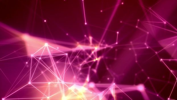 Perplexing 3d rendering of some psychodelic expedition through light pink network with sparkling spots, thin rays, numerous pyramid and crystal looking links in the dark purple  background