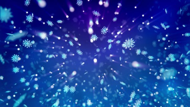 Festive 3d illustration of Happy New Year snowflakes spinning among falling snowballs, and creating a funny mood of Christmas for children in the dark blue background