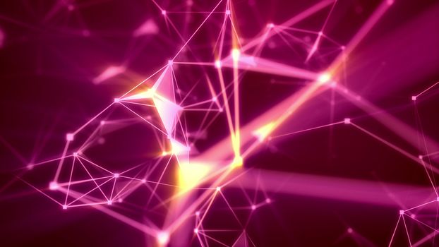 Sparkling 3d illusration of a sci-fi Internet cyber space flight through light rosy network with luminous spots, triangular structures, blurred gems, searchlights, and a grid in the purple background