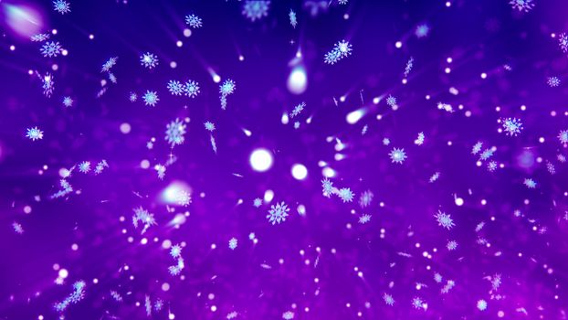 Artistic 3d rendering of white crystal looking snowflakes whirling among dashing snowballs, and making a festive mood of Happy New Year for kids in the dark violet background
