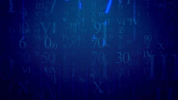 Sci-fi 3d rendering of shimmering light blue Latin and Arabic digits having different shapes and dazzling in the dark blue background like communication e-mails in some hi-tech cyber reality