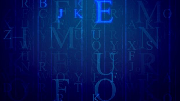 Holographic  3d illustration of an electronic mail with shimmering English letters, radiant thin ans thick lines, of different sizes and shapes in the dark blue and multilayered background