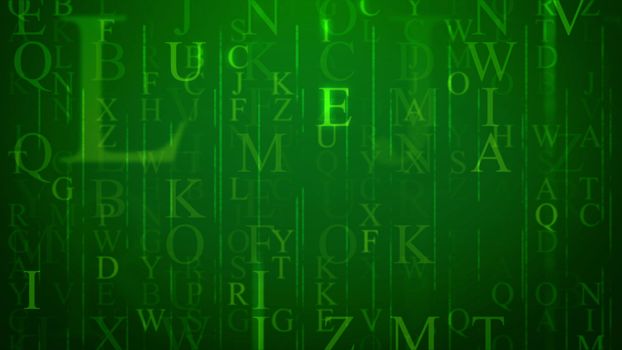 3d rendering of an electronic letter in cyberspace  with sparkling English letters, beaming thin ans thick lines, of different sizes and shapes in the dark green and holographic background