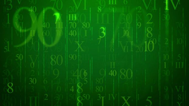 Multilayerd 3d illustration of an electronic mail with shining Arabic and Latin digits, dazzling thin ans thick lines, of different sizes and shapes in the dark green background