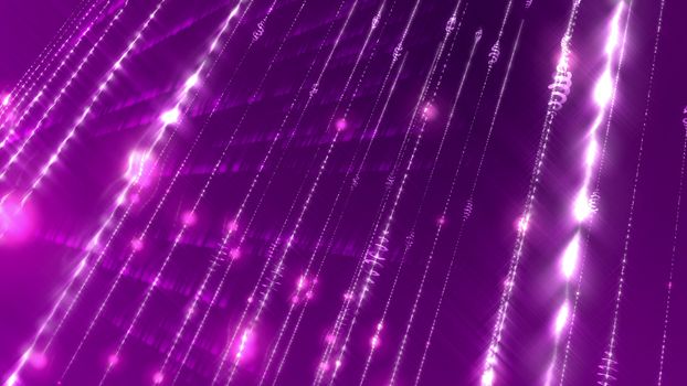 Multilayered 3d rendering of a sci-fi cyberspace  with lines and dots connected in a number of shining networks shot askew  in the dark violet cyberspace background