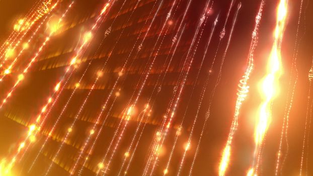 3d rendering of a hi-tech cyberspace with radiance, rays, spirals, curves, lines, arcs, and dots joined in a number of shining grids shot askew in the dark brown  and golden cyberspace background