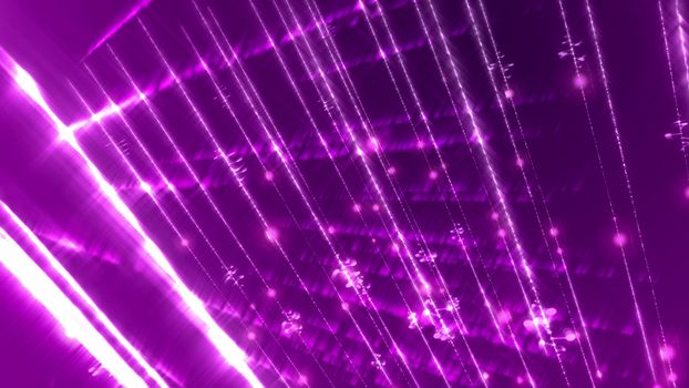 3d illustration of a futuristic cyberspace with radiance, beams, plazmoids, dots, spirals, curves, arcs, connected in a number of beaming networks shot askew in the violet cyberspace background