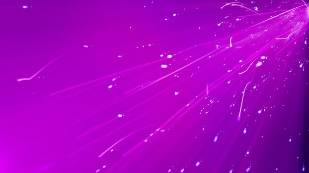 Futuristic 3d illustration of a glittering advanced cyberspace with rushing particles, dots, spots, blemishes, leaving curvy and long and trails shot diagonally in the violet background