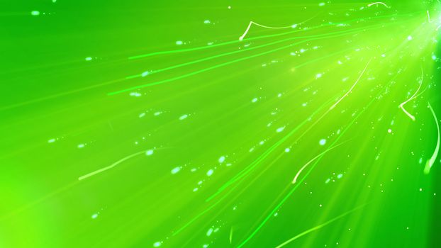 3d rendering of a aggressive plazmoid looking particles flying through the glittering cyberspace with numerous dots and spots, blemishes, with curvy trails shot diagonally in the light green 