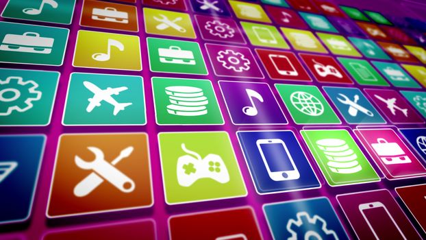 3d rendering of mobile application icons with the images of a cell phote, gearwheel, music note, airplane, text, portfolio, basket, tools, world and so on, shot aslant in the multicolored background