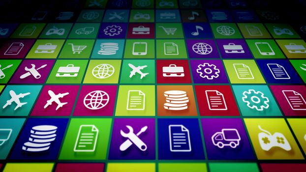 3d rendering of mobile application icons with the pictures of a smart phone, basket,   gear, music note, airplane, portfolio, tools, world and so on, shot askew in the multicolored background