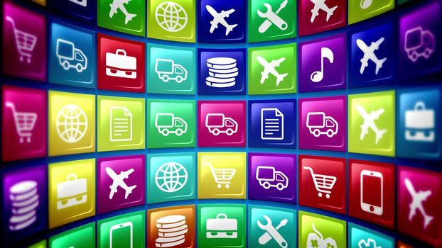 3d rendering of mobile application icons with the pictures of a smart phone, basket,   gear, music note, airplane, portfolio, tools, world and so on, shot spherically in the multicolored background