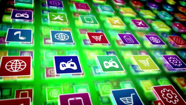 3d illustration of mobile application icons with the pictures of a cell phote, gearwheel, music note, airplane, text, portfolio, basket, tools, world and so on, shot askew in the  background