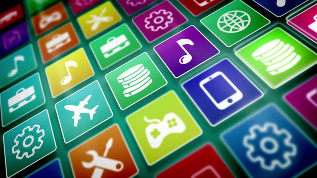 3d rendering of mobile application icons with the images of a mobile phone, gear, music note, airplane, text, portfolio, basket, tools, world and so on, shot aslant in the multicolored background