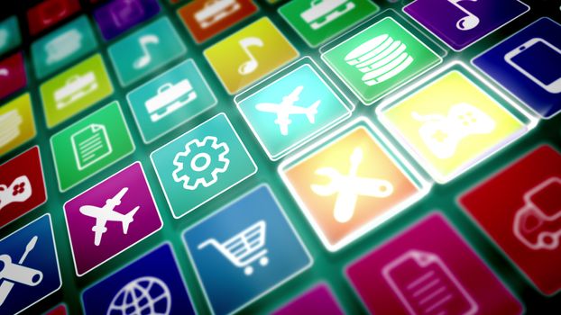 3d rendering of mobile application icons with the pictures of a smarte phone, gear, music note, airplane, text, portfolio, basket, tools, world and so on, taken  askew in the colorful background