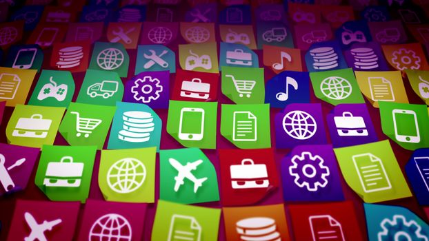 Creative 3d rendering of mobile application icons with the figures of a wrench, transportation, cell phone, truck, gear, music note, airplane, portfolio, globe and so on, shot aslant in the background