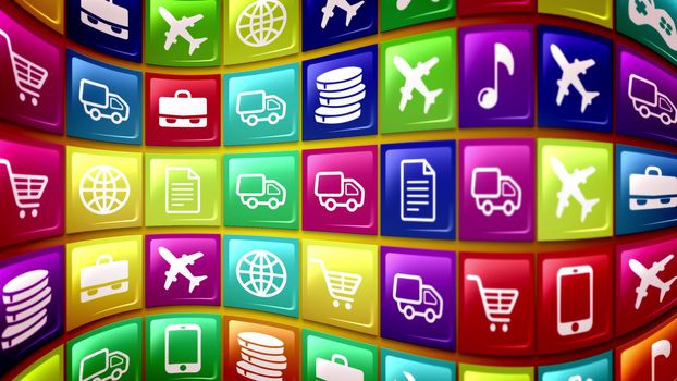 3d rendering of mobile application icons with the pictures of a smart phone, basket, gear, music note, airplane, portfolio, tools, world and so on, formed in a wavy way  in the multicolored background