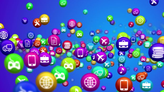 Impressive 3d rendering of social media services in billiards balls flying all around. All balls are covered with multicolored buttons offering different services in the light blue background
