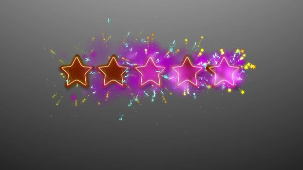Impressive 3d rendering of five brown and violet stars on the gray background with sparkling golden dots, spots and lines.  The business rating is high, festive, and deserves respect