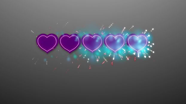 Romantic 3d illustration of five violet hearts placed in arrow in the gray background with sparkling white dots, spots and lines.  The business rating is high, emotional, and deserves respect