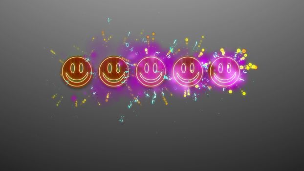 3d illustration of five brown and violetsmiling emoticons put in a line in the gray background with sparkling white and blue dots and lines.  The business rating is high, funny and emotional. 