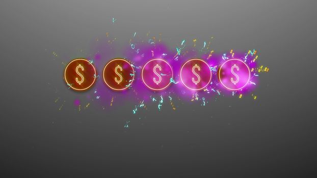 Hilarious 3d rendering of five brown and violet dollar signs placed in a row in the gray background with sparkling white and blue dots and lines.  The business rating is high, and dererves respect