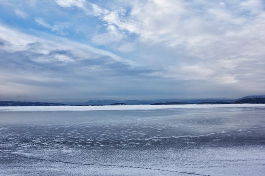 View of iced oslo fjord in winter day in norway