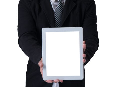 Businessman holding tablet in black suit on white background
