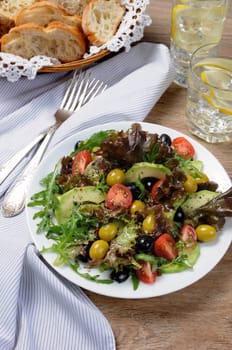 Summer salad - with avocado, olives, tomatoes in lettuce dressed, mustard-garlic sauce