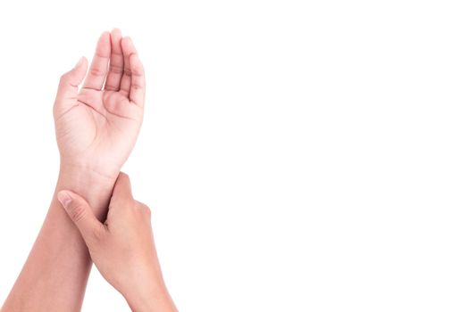 Woman's hand checking pulse on wrist, health care and medical concept