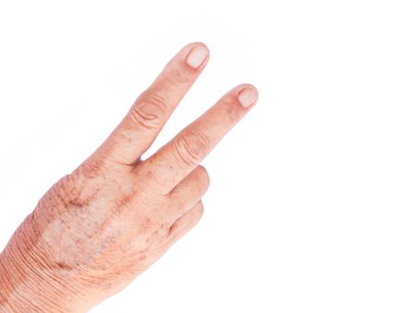 V sign, Victory sign old woman  hand on white background, states of mind concept