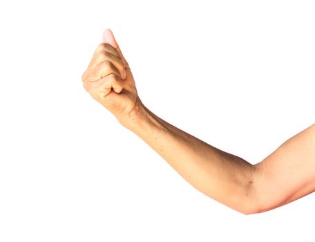 Old woman's arm with wrinkles on arm with white background, beauty care and health care concept