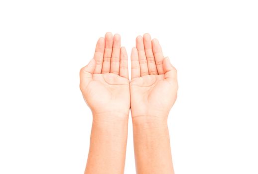 Woman hands praying on white background, religion concept
