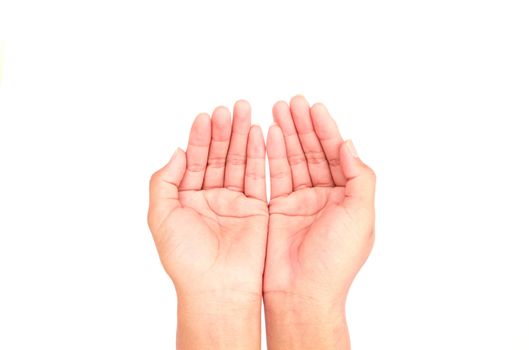 Woman hands praying on white background, religion concept