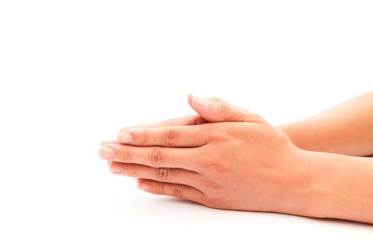 Woman hands praying on white background, religion concept