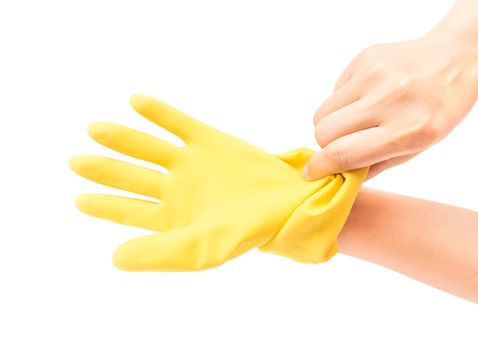 Hands wearing yellow rubber gloves for cleaning on white background, workhouse concept