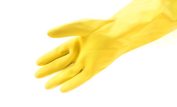 Yellow rubber gloves for cleaning on white background, workhouse concept