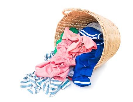 Clothes on wicker baskets for washing preparations whit white background