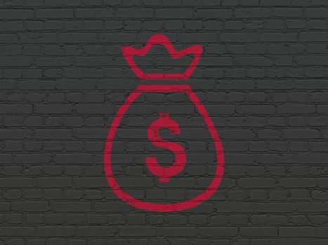 Money concept: Painted red Money Bag icon on Black Brick wall background