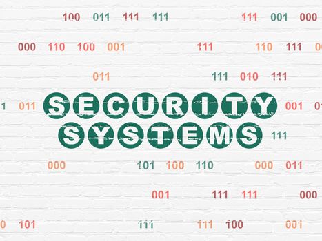 Security concept: Painted green text Security Systems on White Brick wall background with Binary Code