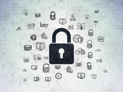 Safety concept: Painted black Closed Padlock icon on Digital Data Paper background with  Hand Drawn Security Icons