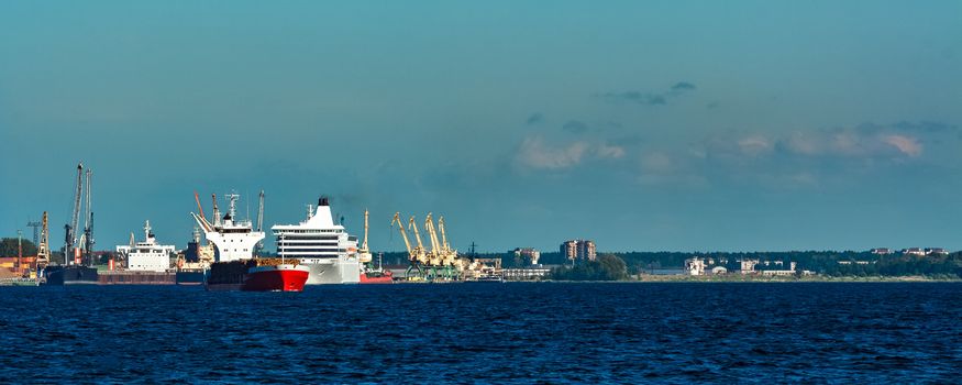 Red cargo ship fully loaded with wood moving at clear day