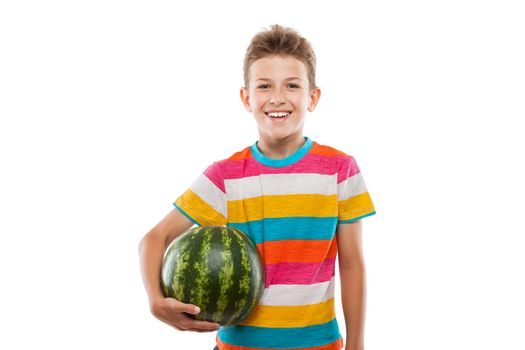 Handsome smiling child boy hand holding green ripe watermelon fruit food white isolated